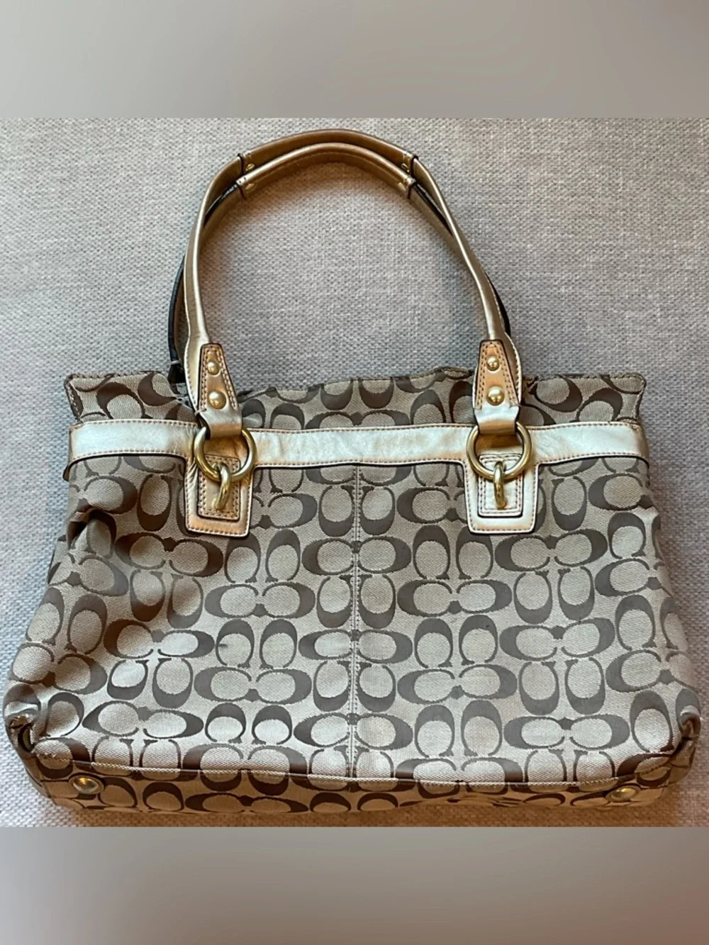 COACH Signature Canvas Satchel/Tote in Khaki/Gold/Brown - Picture 2 of 13